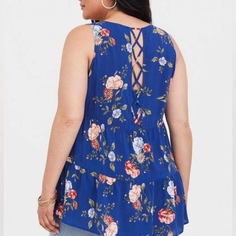 Women’s Torrid 00 Blue Floral Babydoll Challis Tiered Tunic Tank 10 12